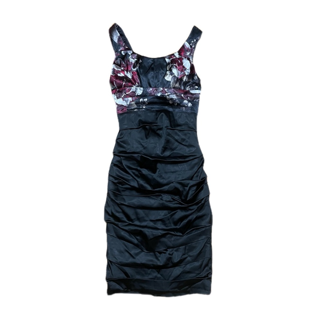 Le Chateau Satin Black and Floral Midi Dress